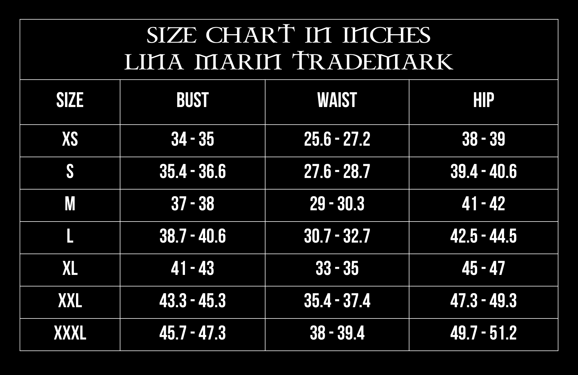 Inches Size Chart